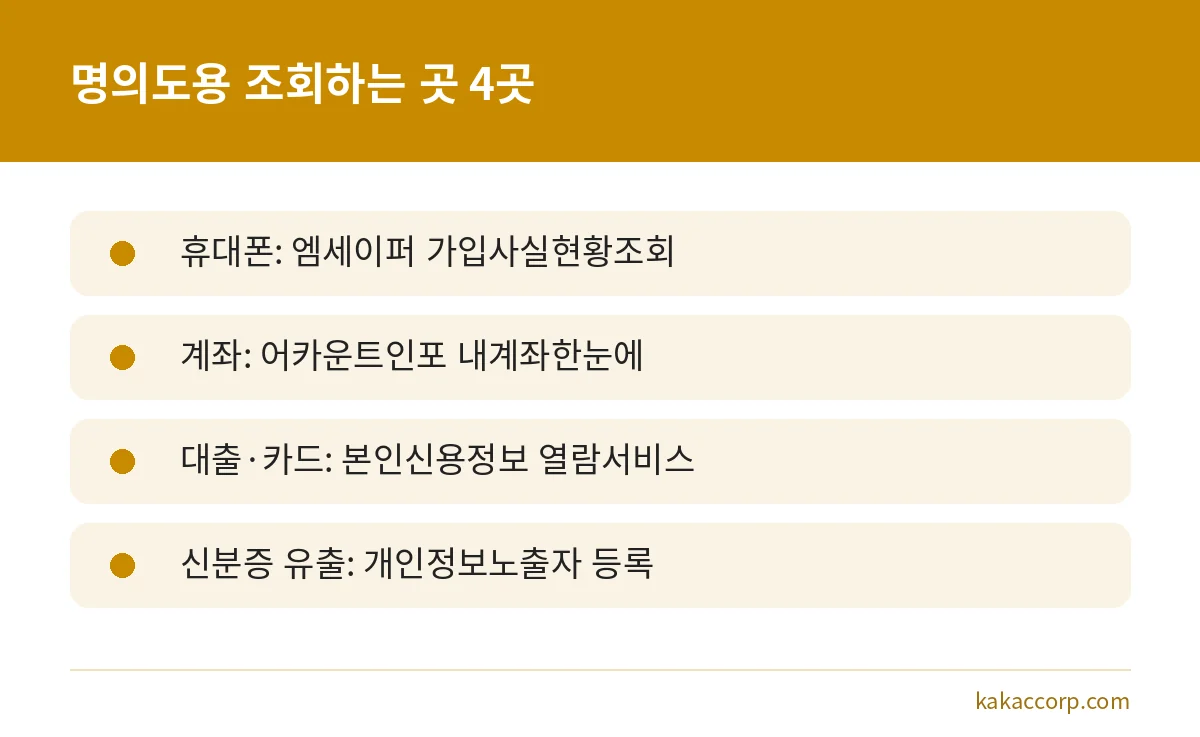 명의도용 조회 방법 4가지인 엠세이퍼, 어카운트인포, 본인신용정보 열람, 개인정보노출자 등록 요약