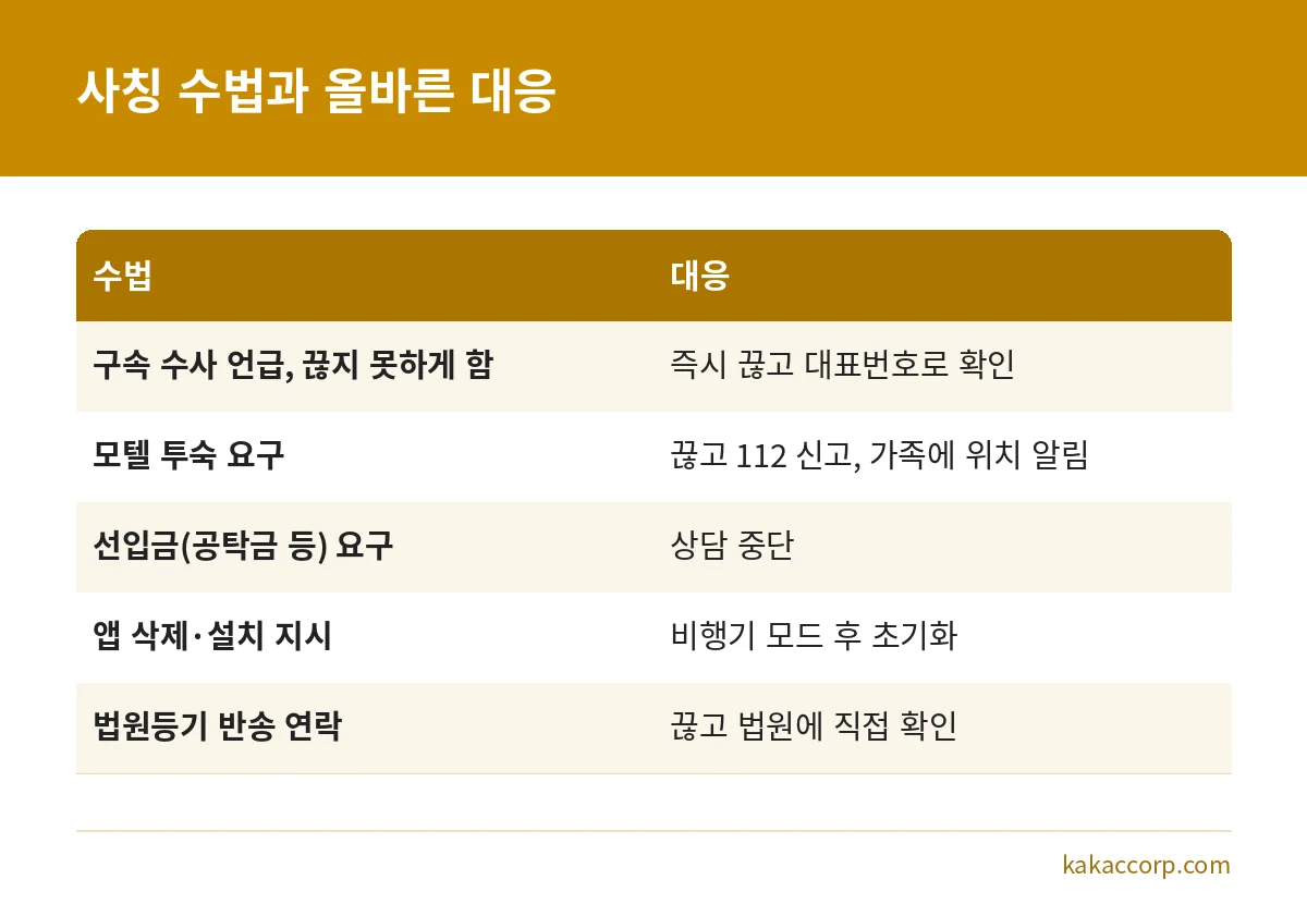기관 사칭 보이스피싱 수법별 올바른 대응 비교표