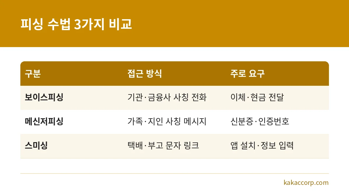 보이스피싱, 메신저피싱, 스미싱의 접근 방식과 주로 요구하는 내용을 비교한 표
